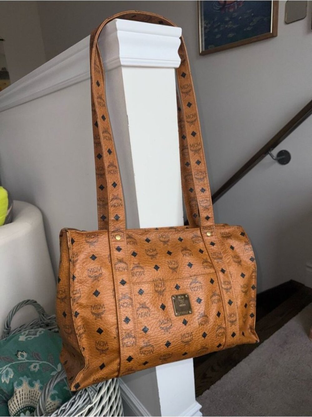 MCM Cognac Large Monogram Logo-Print Leather Shoulder Bag Tote Travel